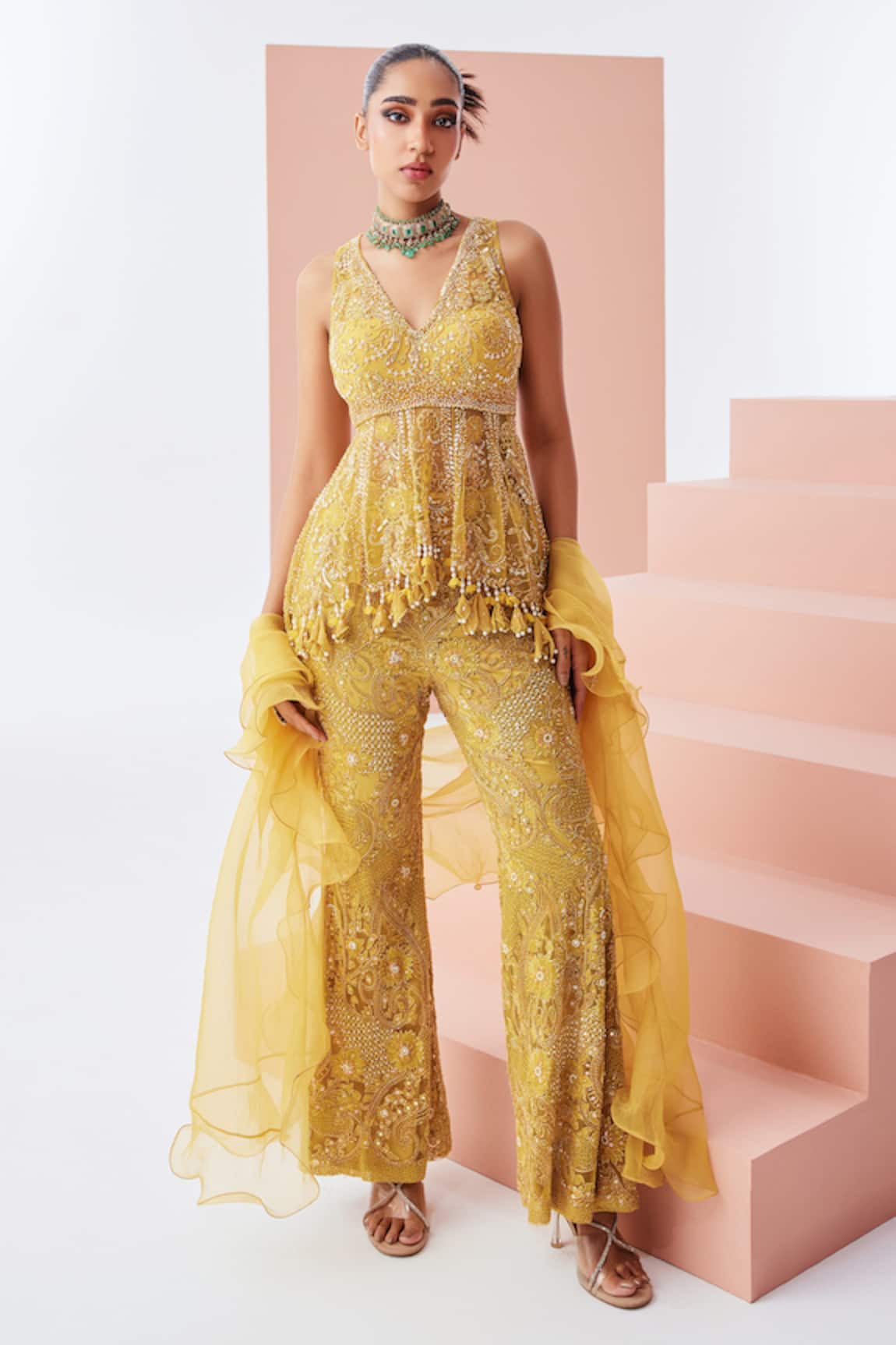Awigna Yellow Embroidered Peplum Tunic Pant Set