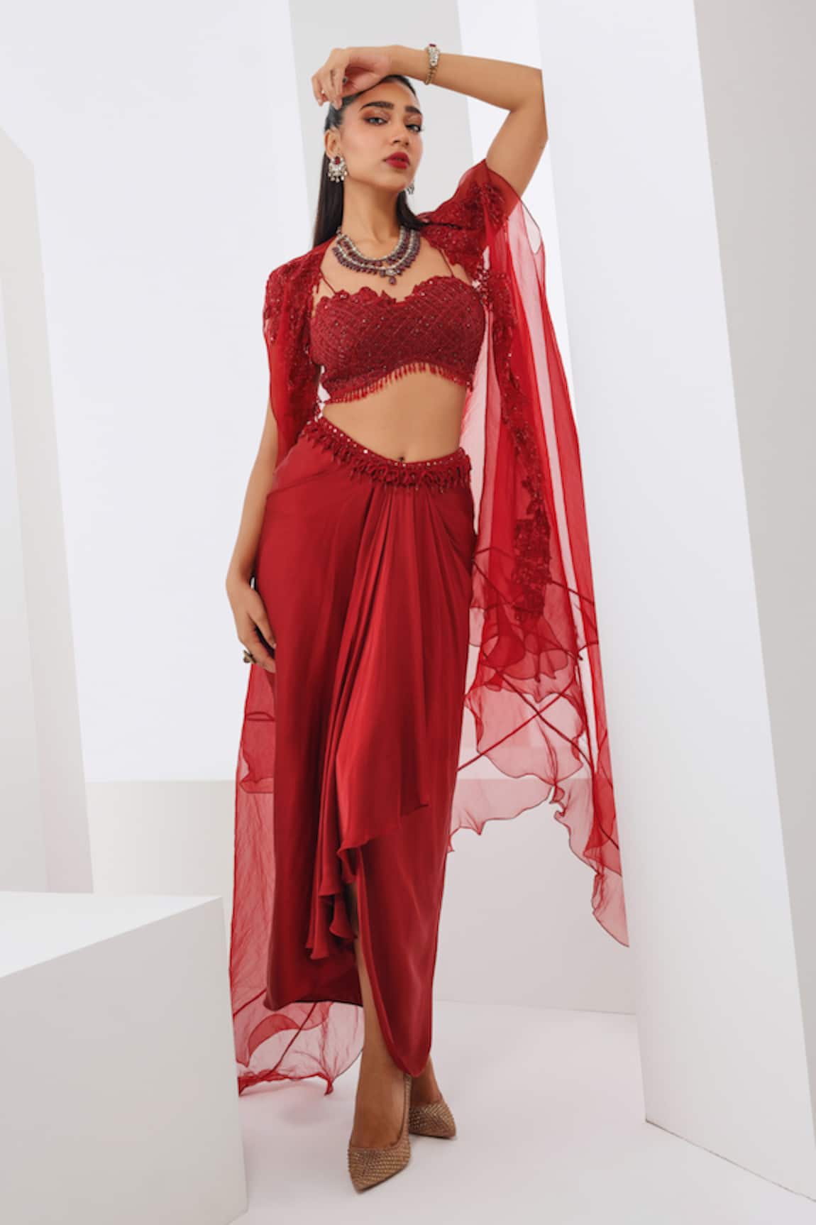 Awigna Red Embroidered Cape Dhoti Skirt Set 