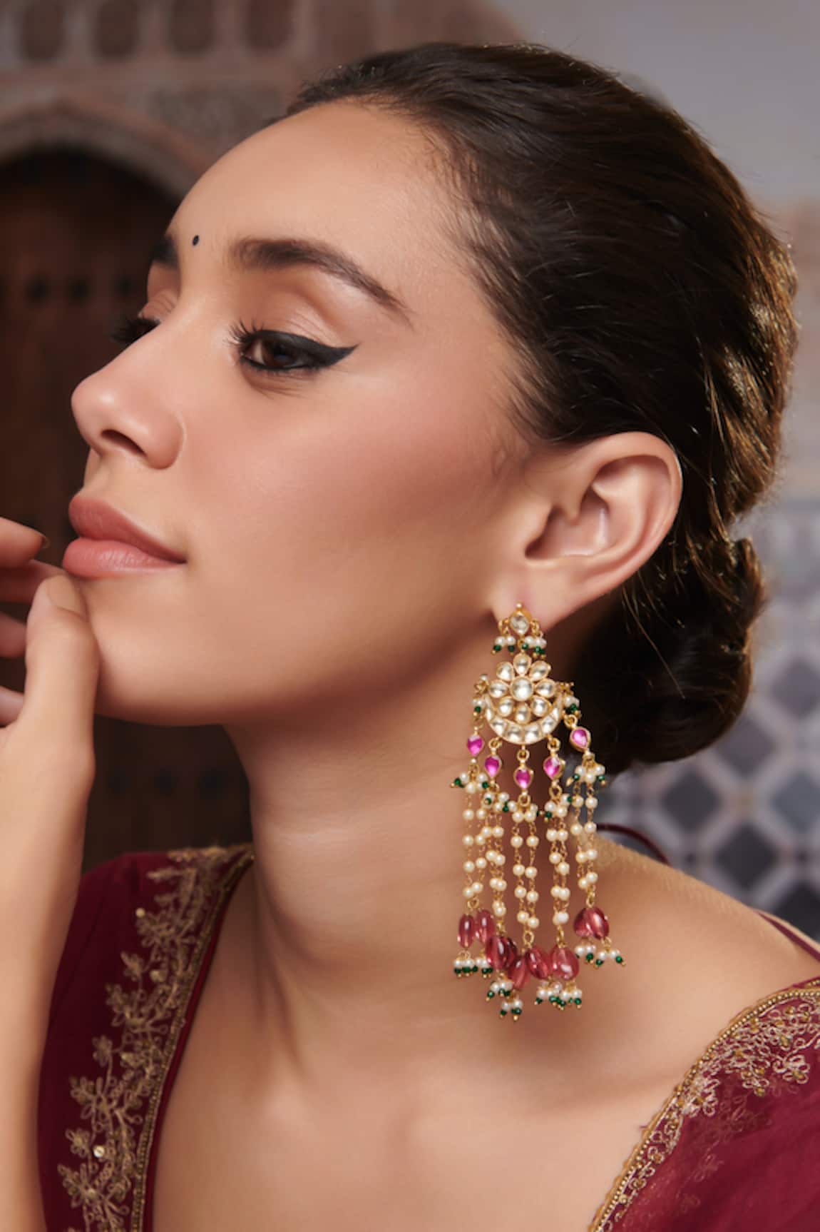 Paisley Pop Kundan Floral Motif Chandelier Earrings 