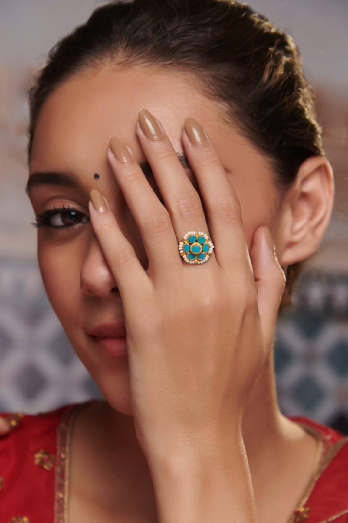 Paisley Pop Flower Kundan Ring with Shell Pearls 