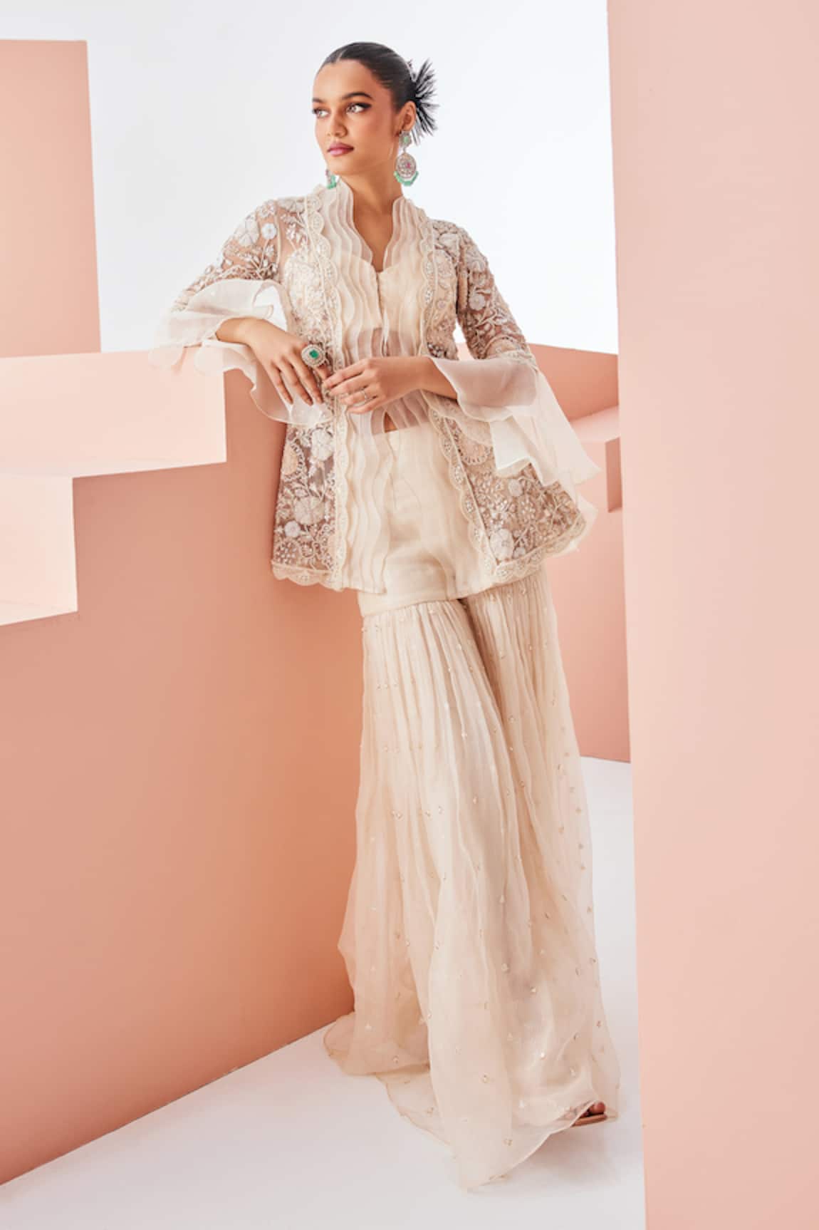 Awigna Ivory Embroidered Jacket & Pant Set