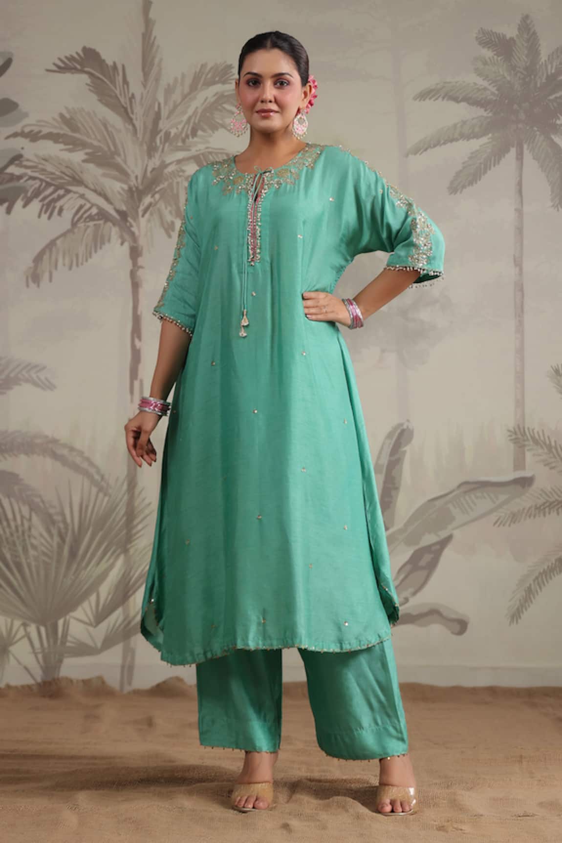 Label Niti Bothra Roselyn Asymmetric Embroidered Kurta & Palazzo Set 