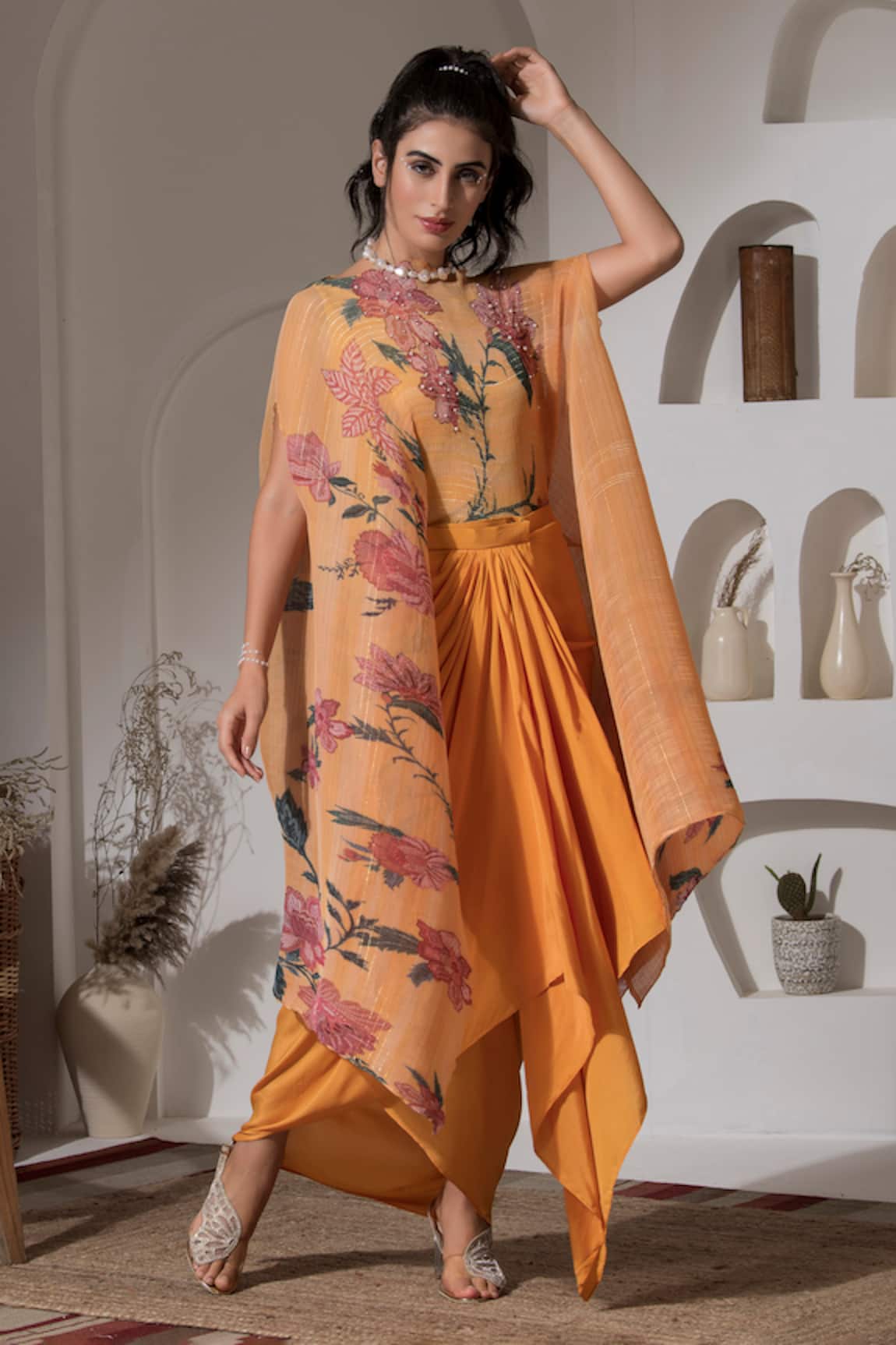 PREETI MEHTA Floral Print Kaftan With Dhoti Skirt