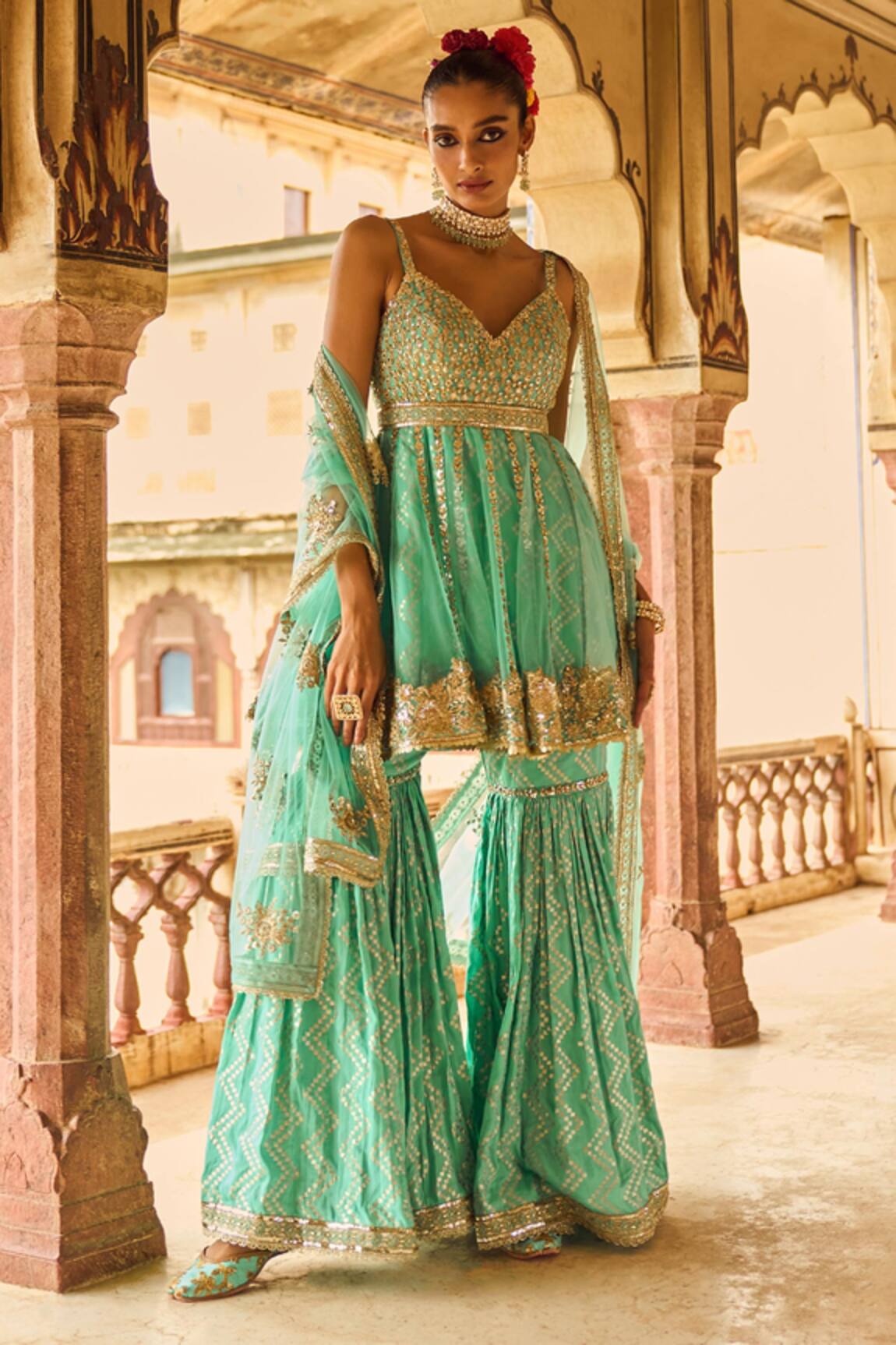 LASHKARAA Trellis Embroidered Bodice Kurta Gharara Set