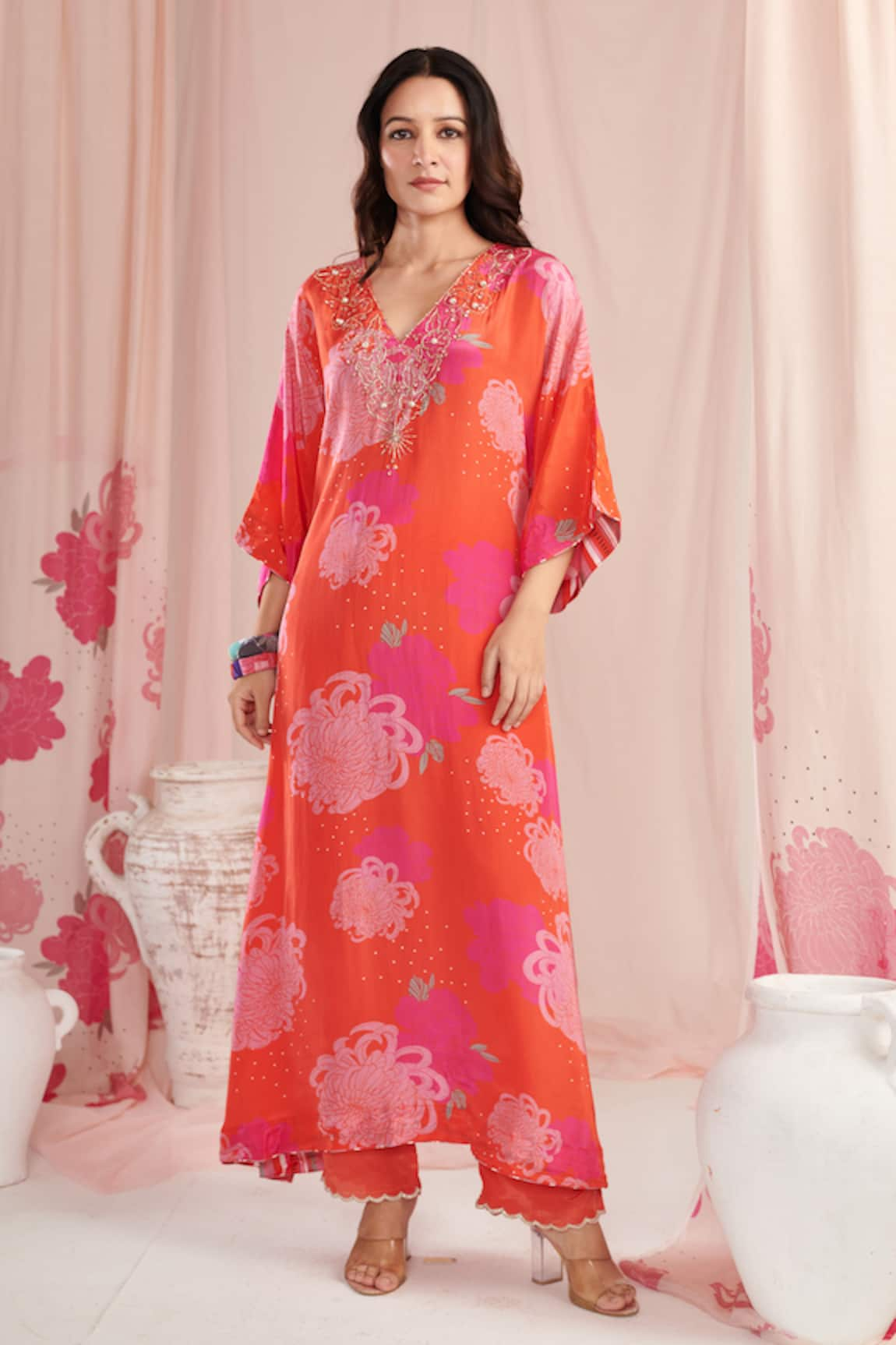 Negra Elegante Chrysanthemum Blossom Print Kaftan With Pant