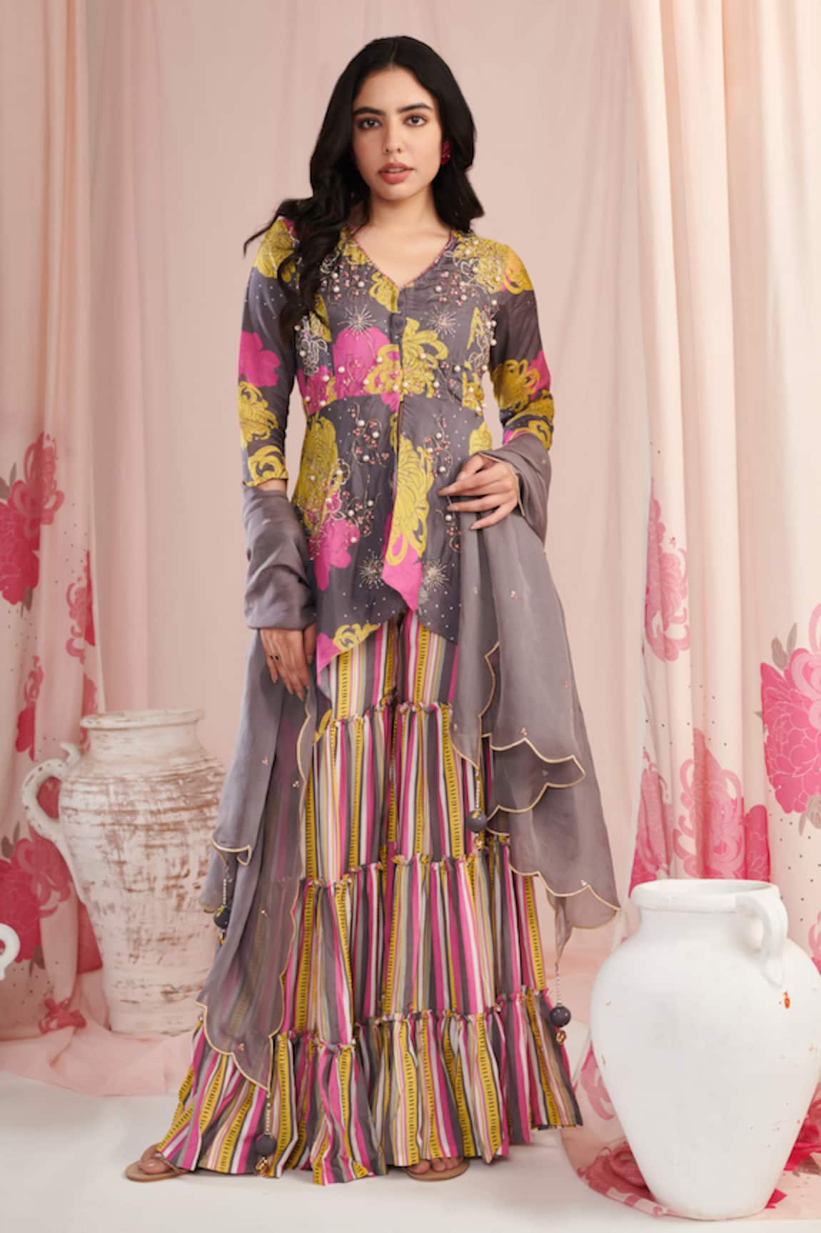 Negra Elegante Floral Print Peplum Kurta Sharara Set