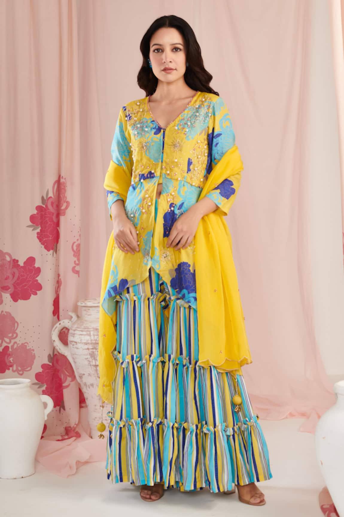 Negra Elegante Blossom Print Peplum Kurta Sharara Set