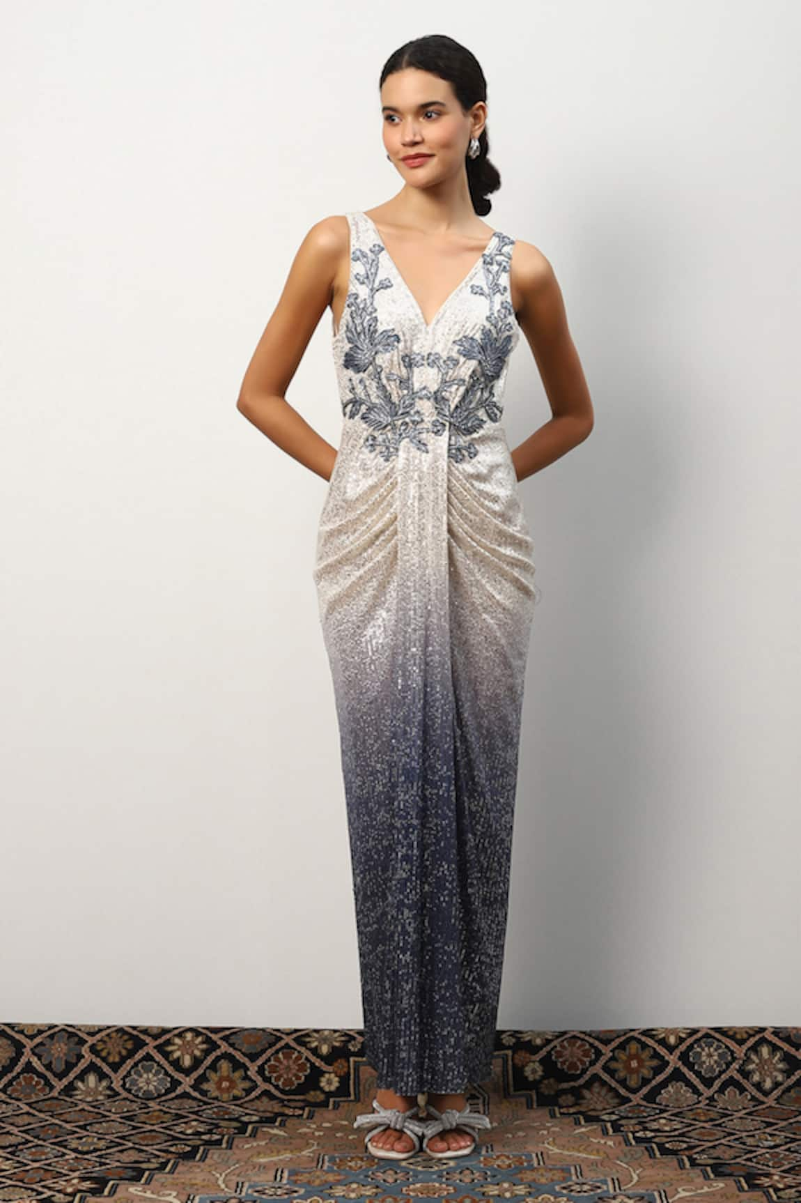 RANNA GILL Sequin Embroidered Gown