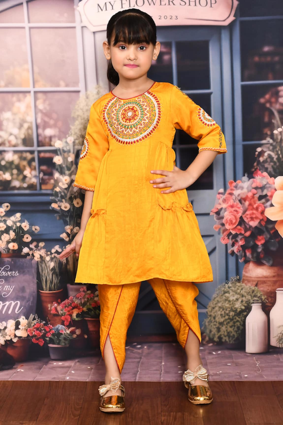 Banana Bee Mandala Art Embroidered Kurta With Dhoti Pant