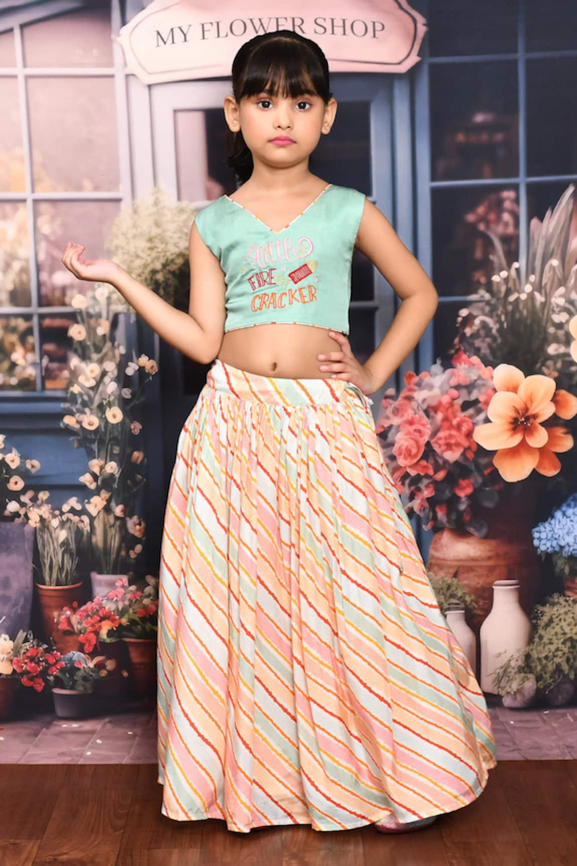 Banana Bee Little Firecracker Embroidered Blouse With Leheriya Lehenga