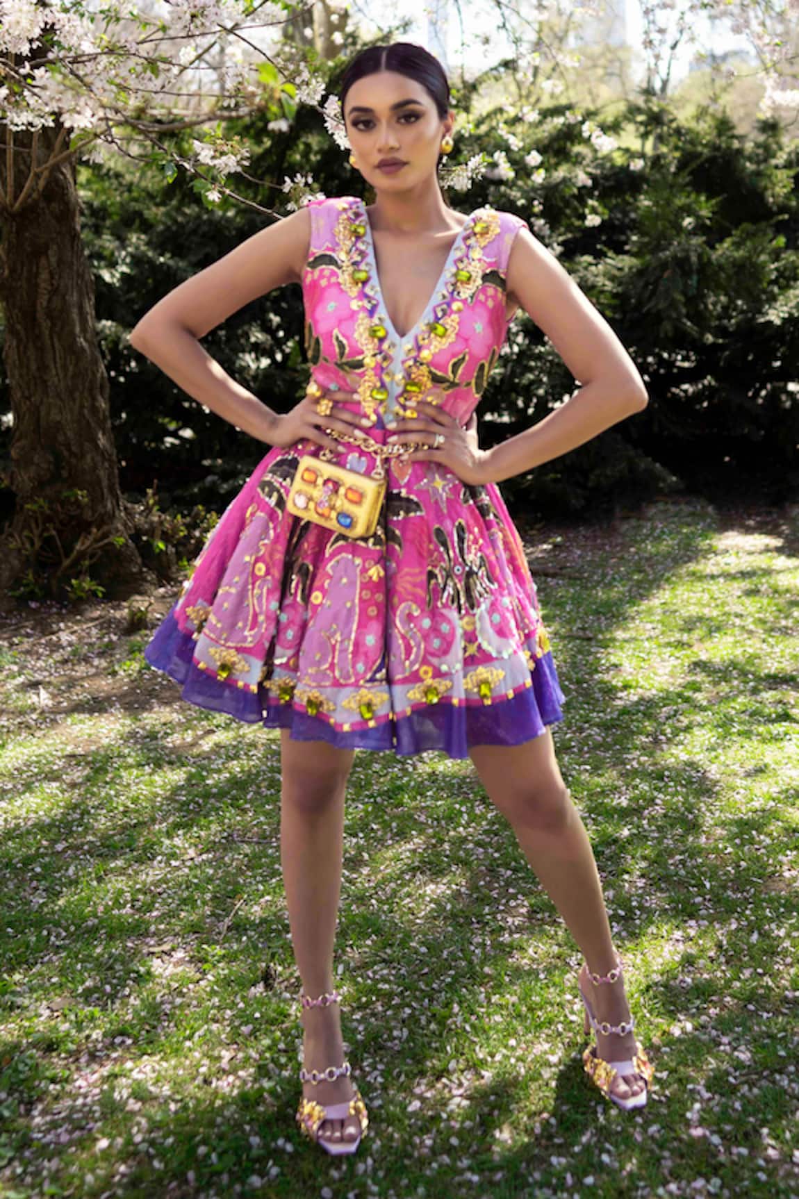 Papa Don't Preach Pret Rhapsody Printed Babydoll Dress With Belt Bag