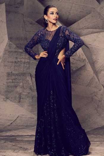 Archana Kochhar Shimmering Pre-Draped Saree With Leotard 