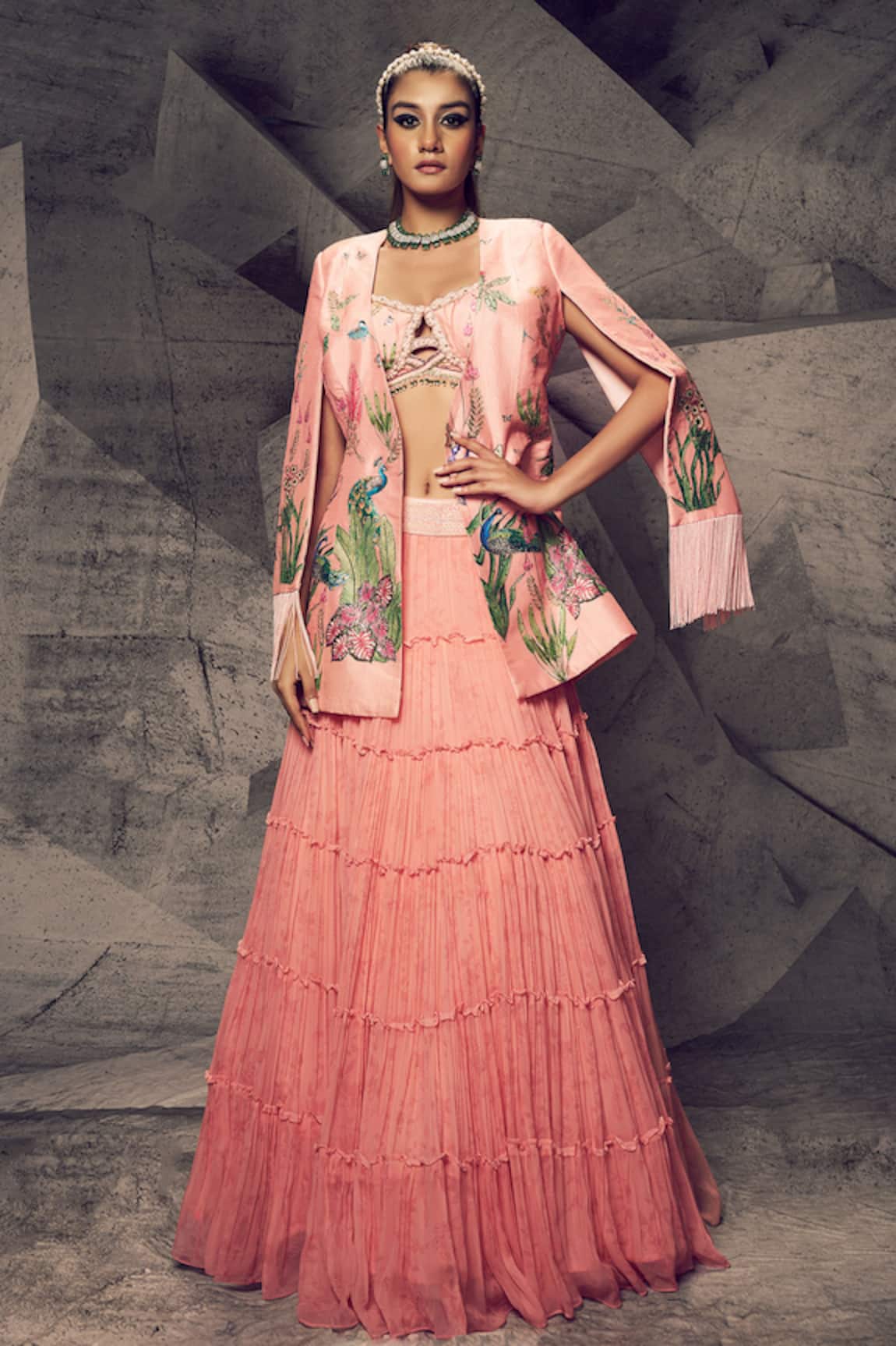 Buy Dusty Pink Embroidered Jacket Lehenga For Women Online
