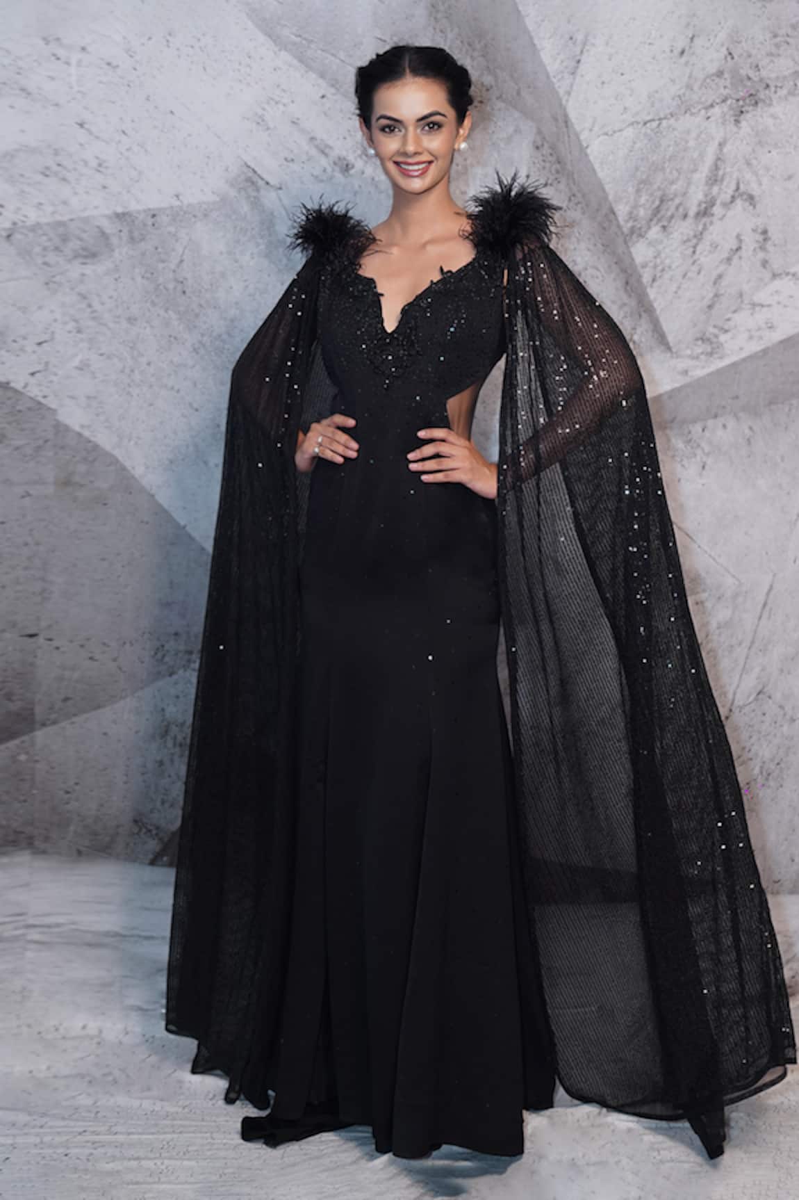 Archana Kochhar Retro Embroidered Cape Sleeve Gown