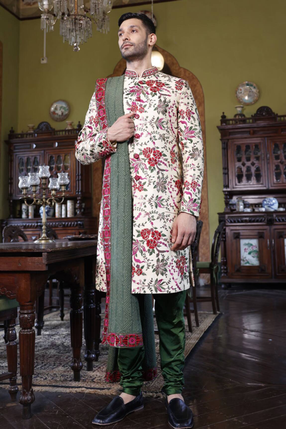 Vikram Phadnis Silk Floral Jaal Embroidered Sherwani Set
