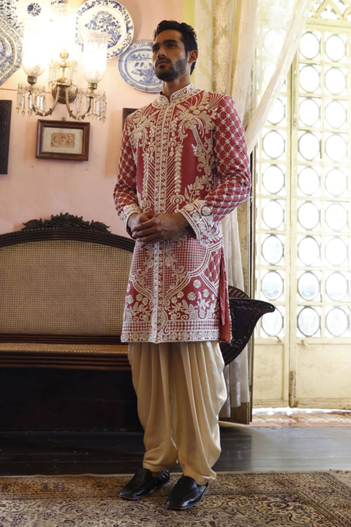 Vikram Phadnis Raw Silk Embroidered Sherwani Salwar Set