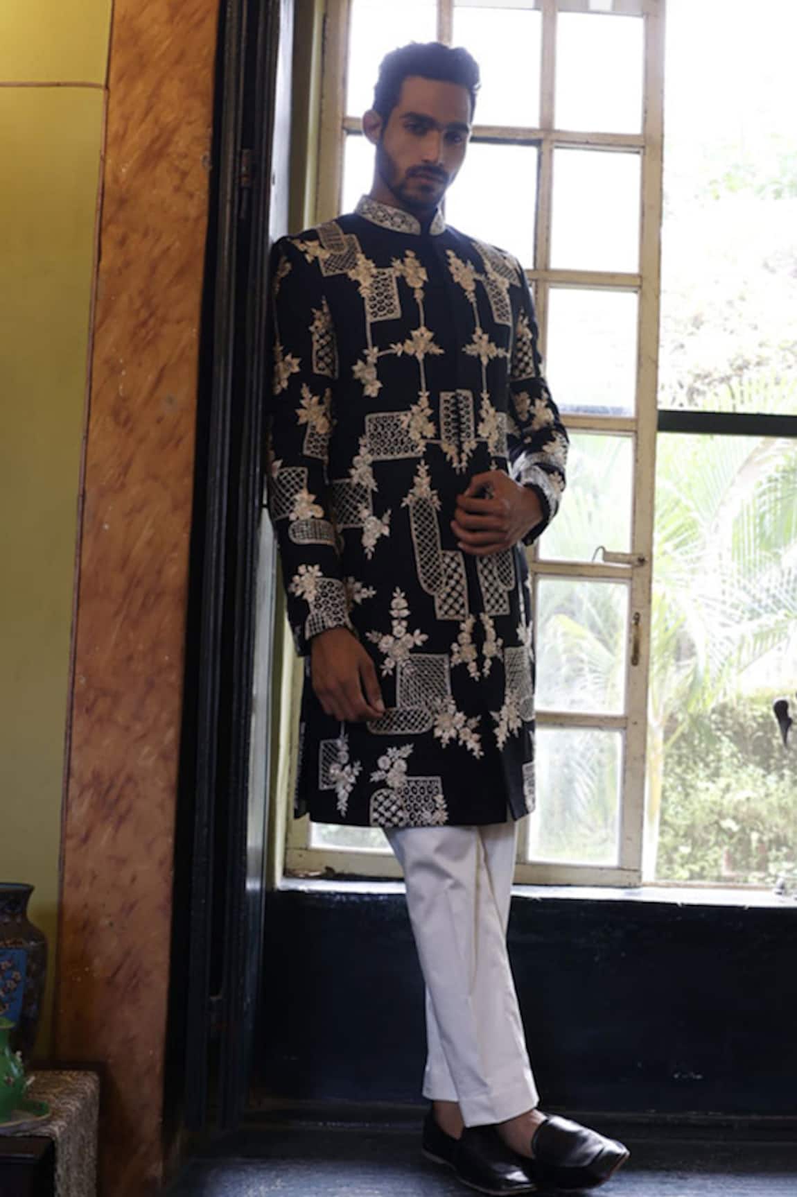 Vikram Phadnis Raw Silk Geometric Embroidered Sherwani Set