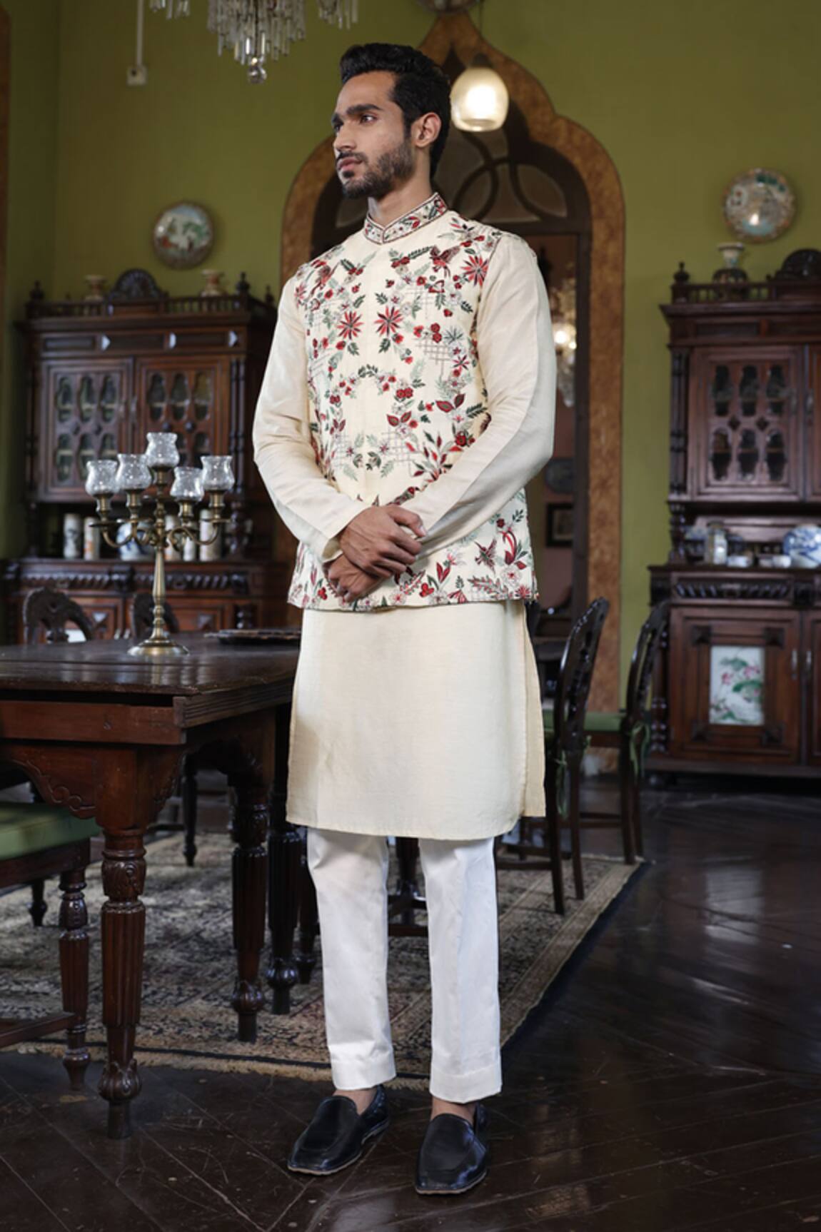 Vikram Phadnis Ivory Zari Embroidered Bundi & Kurta Set
