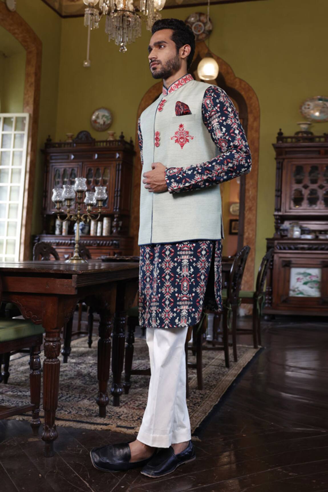 Vikram Phadnis Sage Thread Embroidered Bundi & Kurta Set