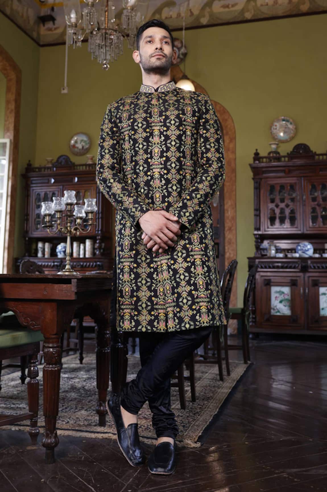 Vikram Phadnis Silk Thread Work Sherwani Churidar Set 