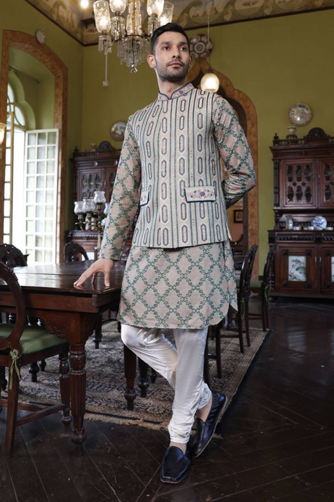 Vikram Phadnis Sage Green Embroidered Bundi & Kurta Set