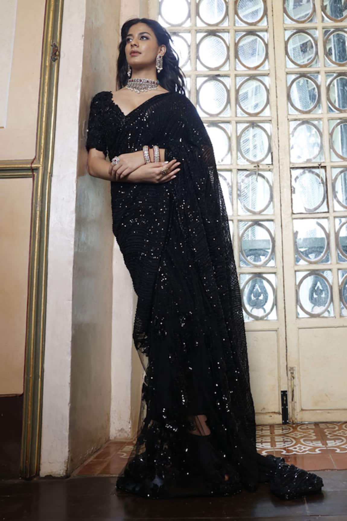 Vikram Phadnis Sequin Net Saree With Embroidered Blouse
