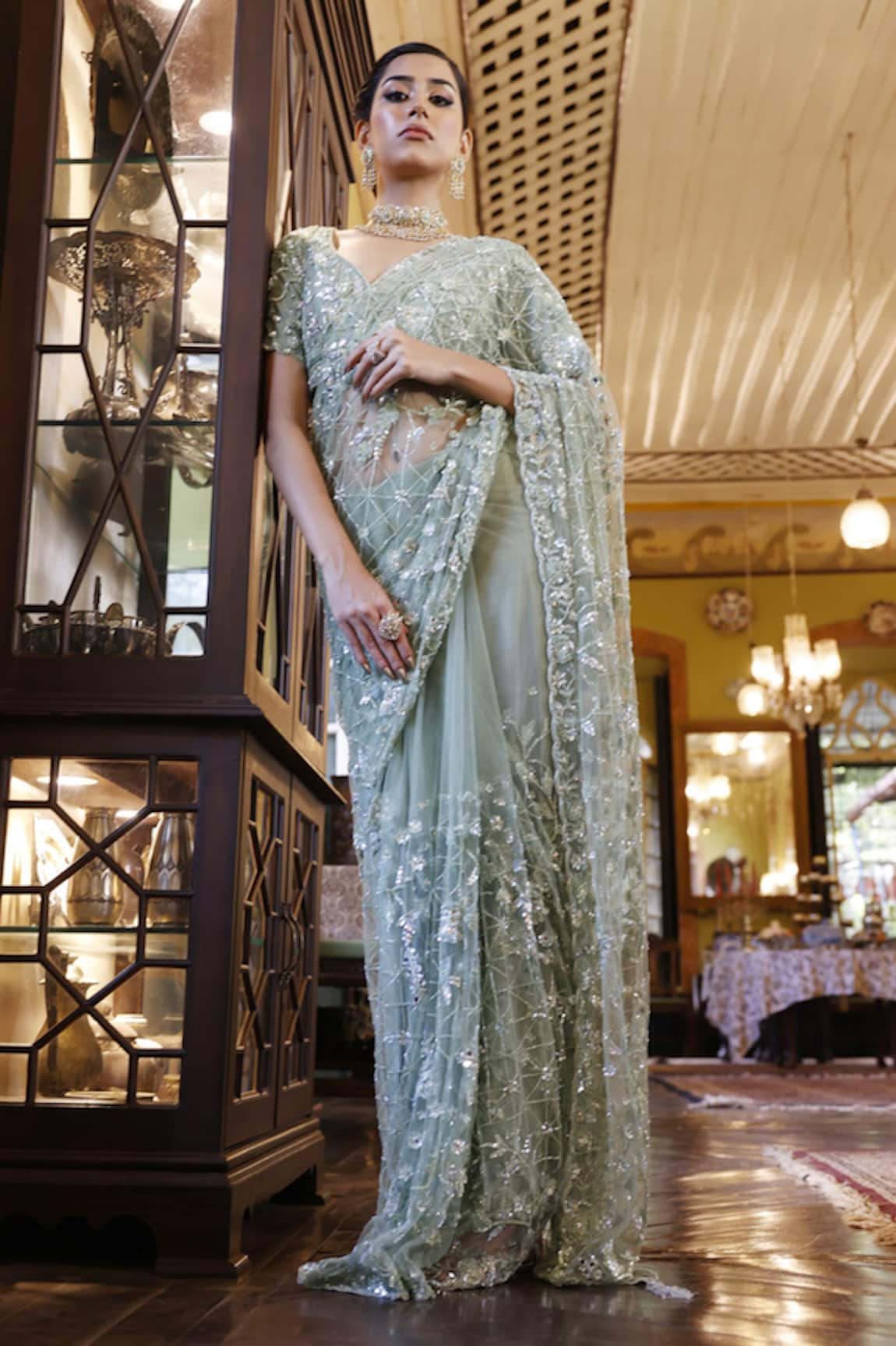 Vikram Phadnis Floral Embroidered Saree With Blouse