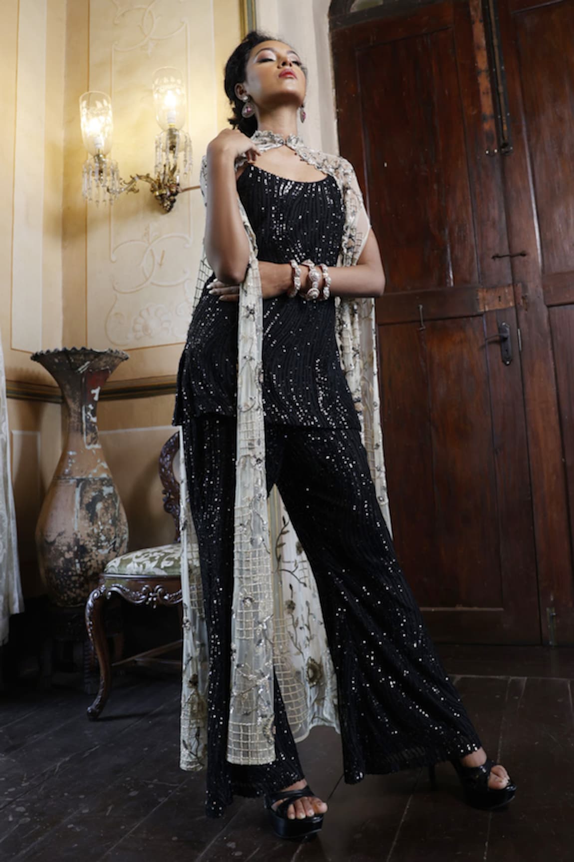 Vikram Phadnis Embroidered Cape With Flared Pant Set