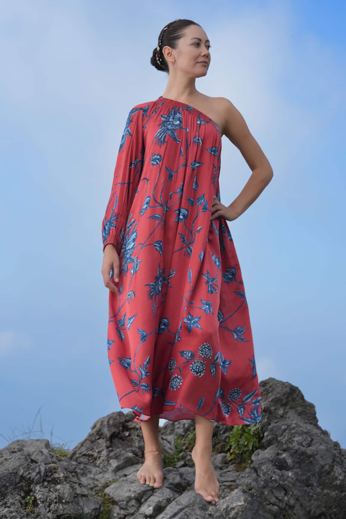 Raas Life Maya Floral Daali Print One-Shoulder Dress 