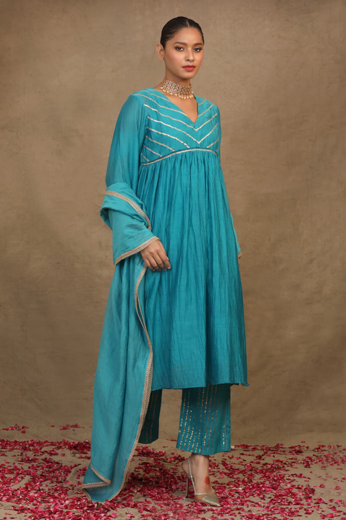 Trendy tokari Striped Gota Lace Yoke Embroidered Kurta Pant Set