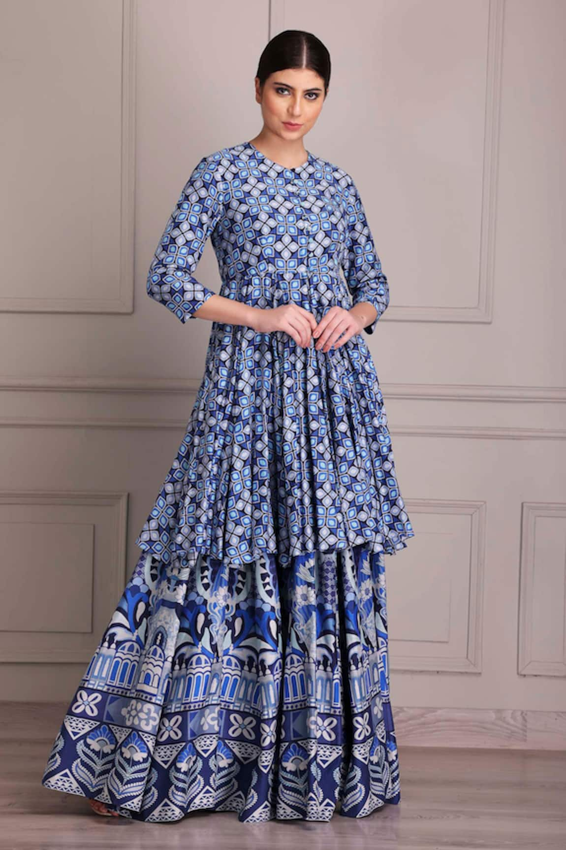 ALPONA DESIGNS BY SOHAM ACHARYA Gathered Peplum Anarkali & Palace Print Skirt Set