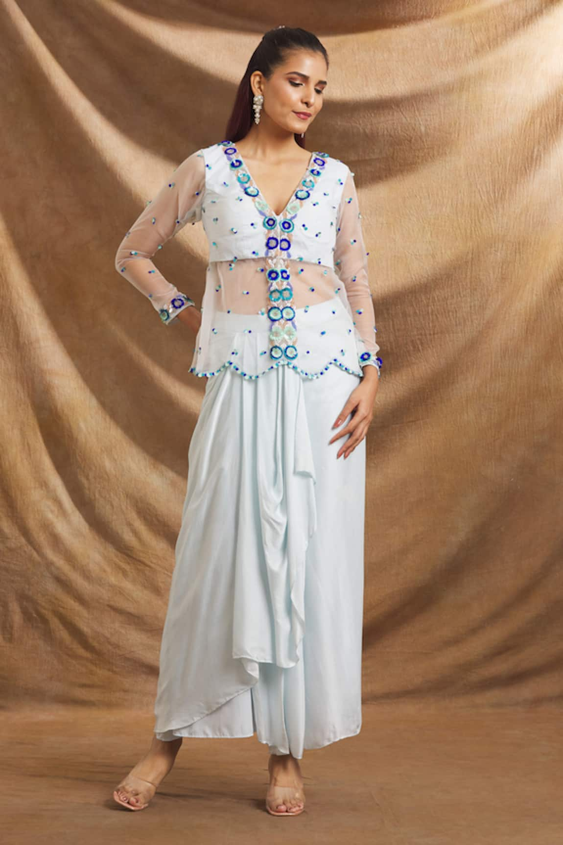 Priti Sahni Hand Embroidered Peplum Top & Skirt Set