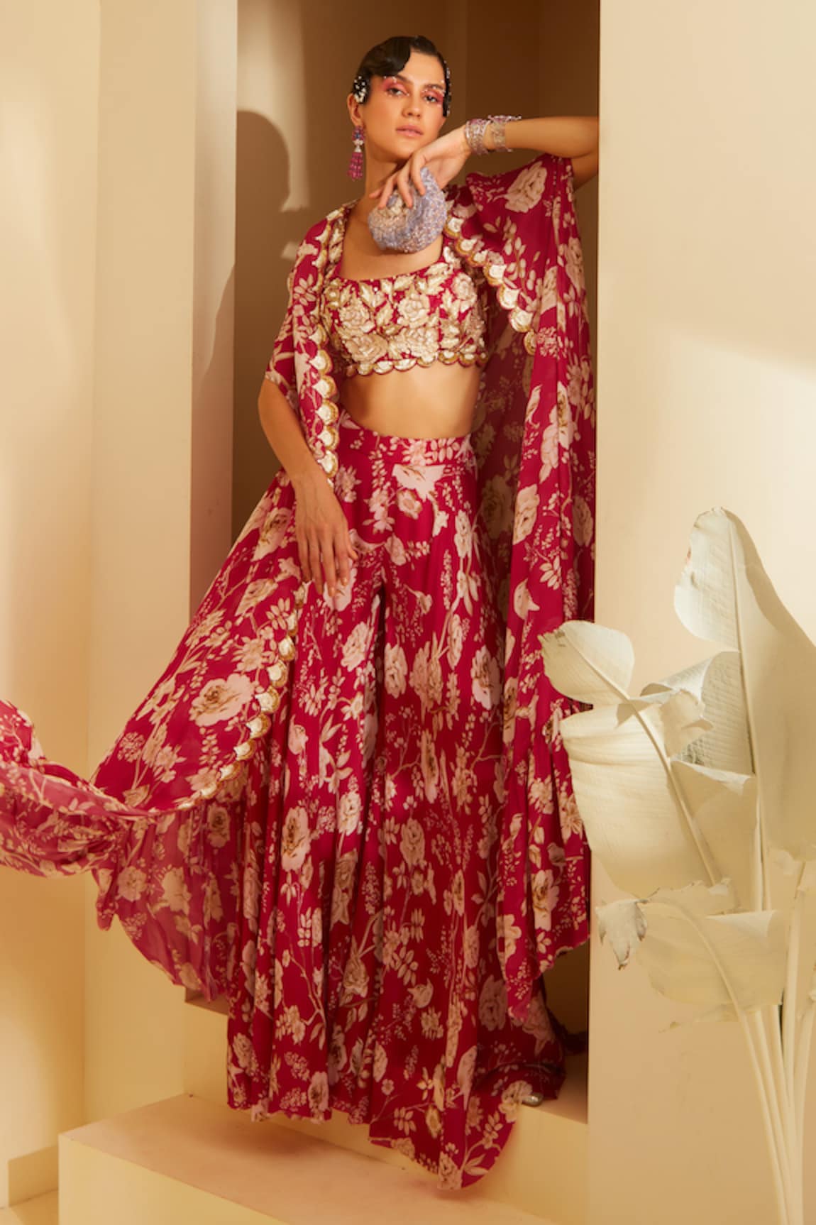 Sachkiran Bimbra Flaming Rose Print Cape Palazzo Set