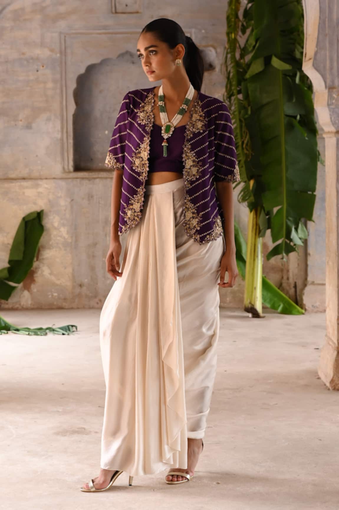 Deep Thee Iris Zari Phool Embroidered Jacket Draped Skirt Set
