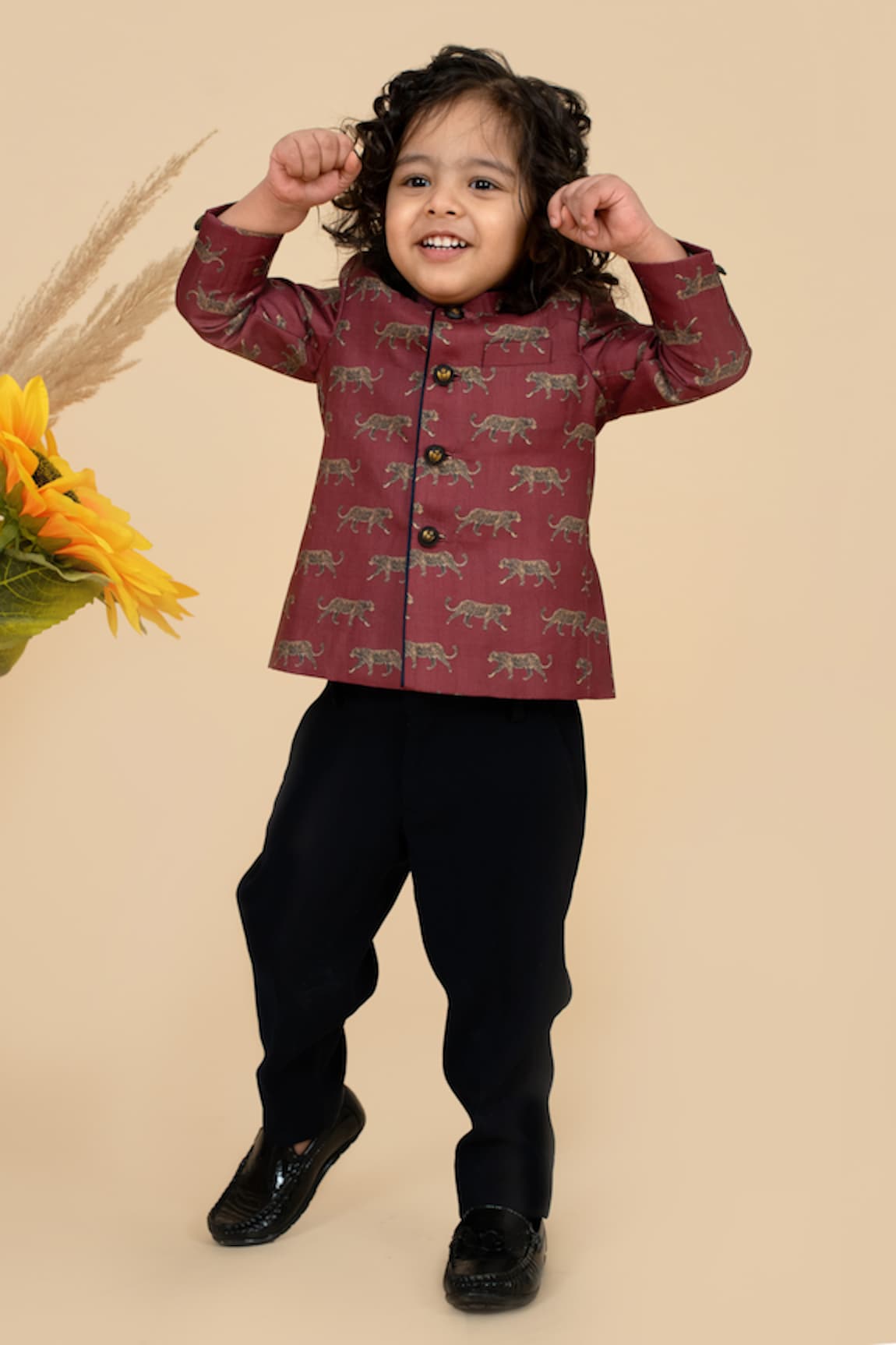 Little Boys Closet by Gunjan Khanijou Silk Panther Print Bandhgala With Pant