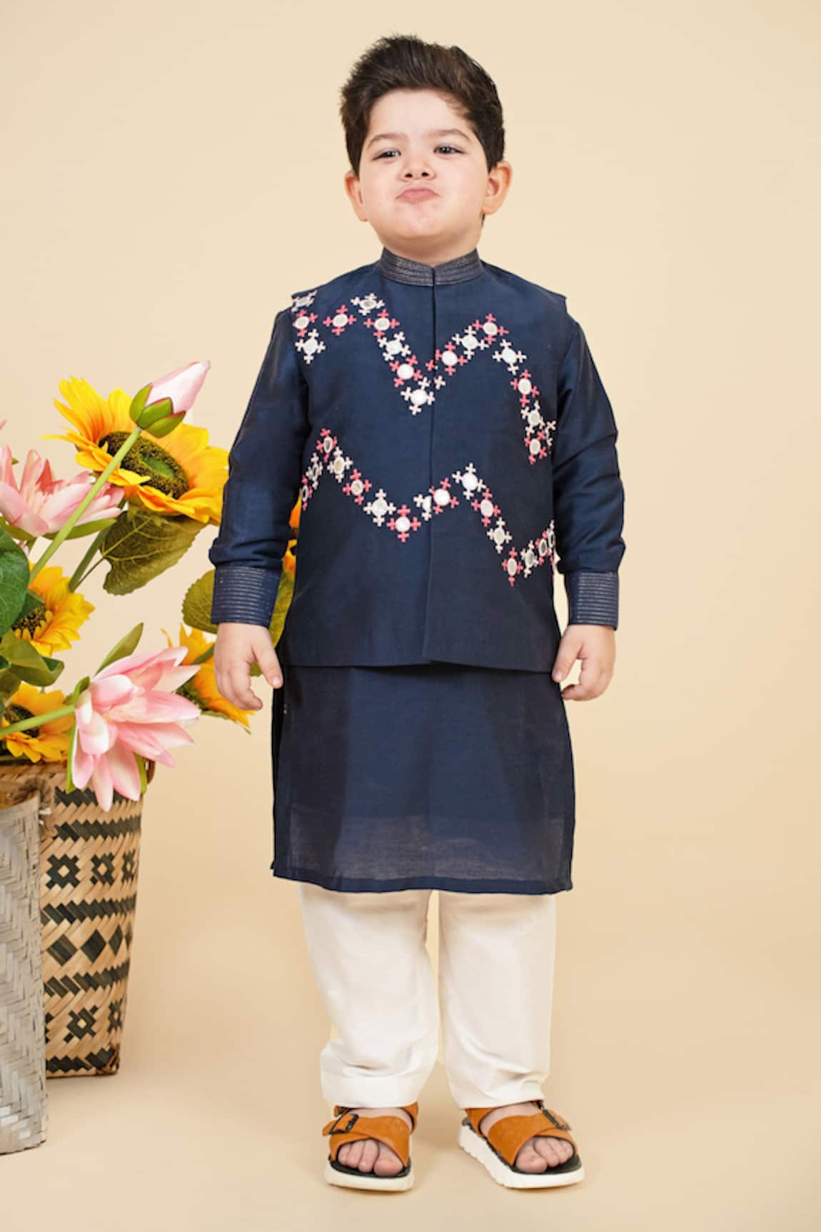 Little Boys Closet by Gunjan Khanijou Cross Thread Embroidered Placement Bundi Kurta Set
