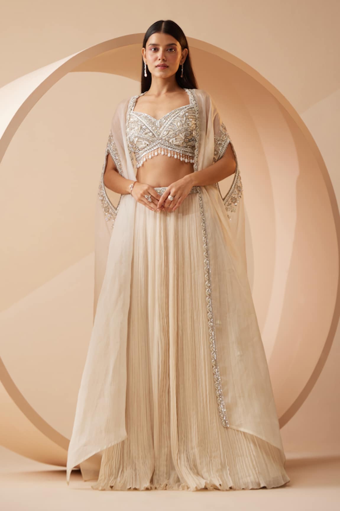 Roqa Abida Pearl Embroidered Border Cape Lehenga Set