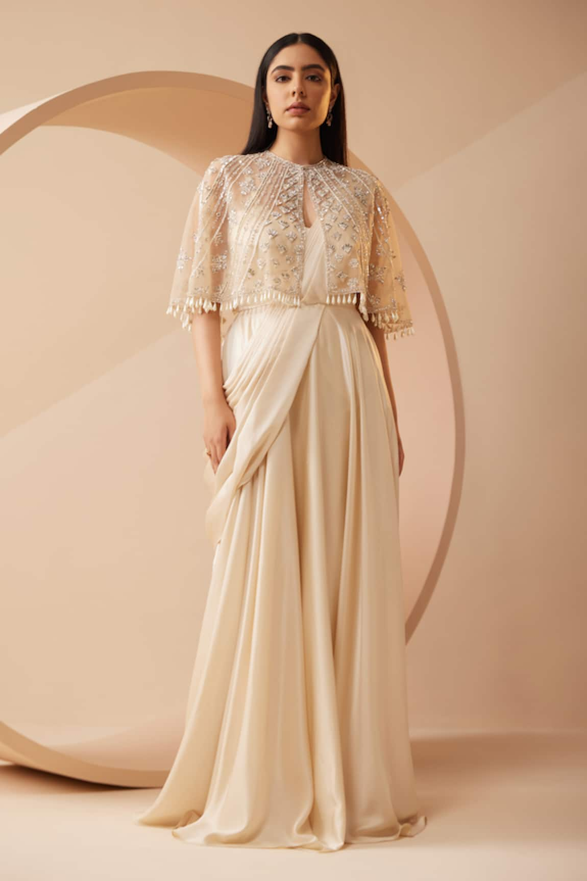 Roqa Estella Saree Gown With Pearls Embroidered Cape