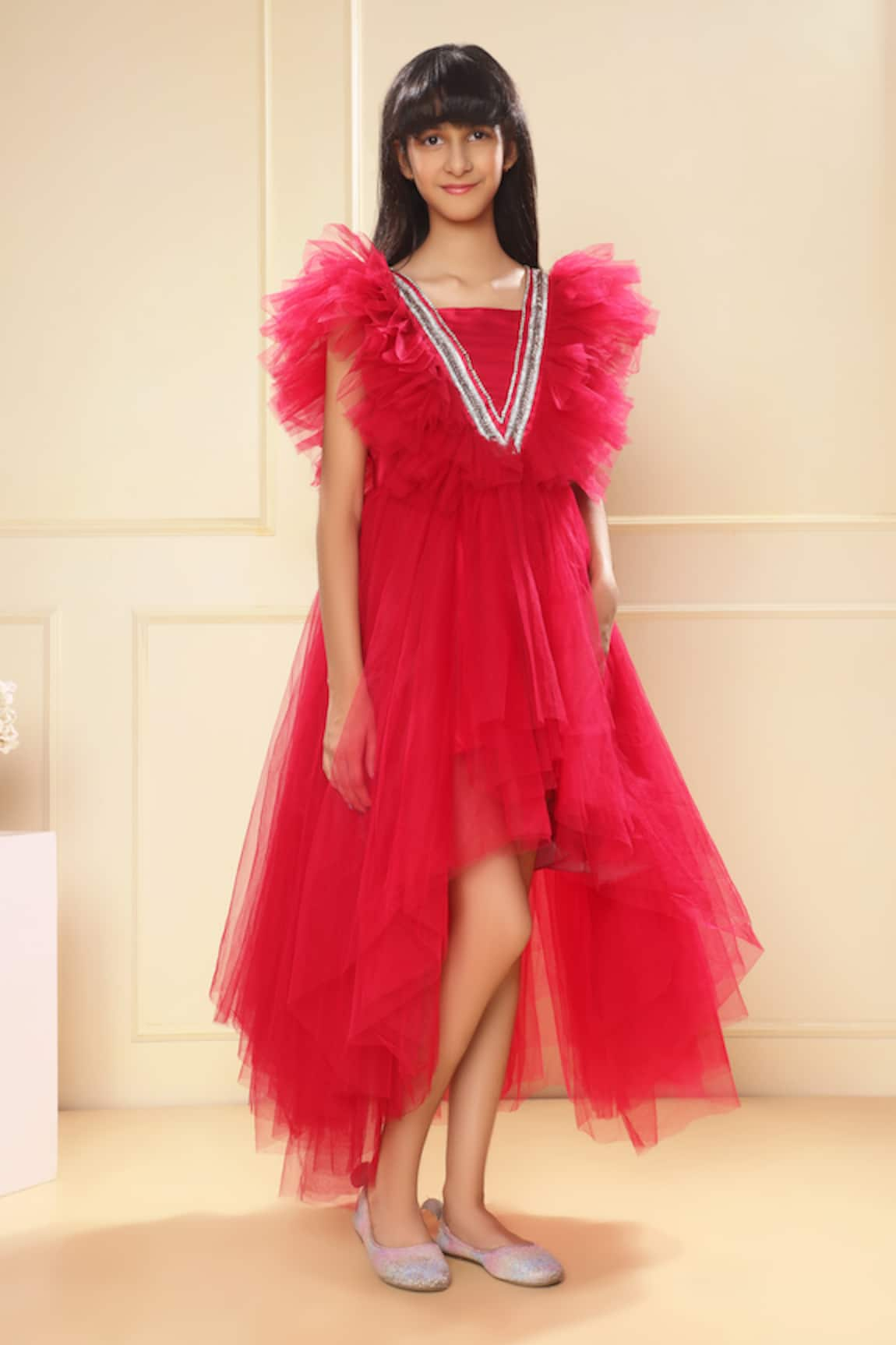 LittleCheer Ruffled Bodice Asymmetric Gown