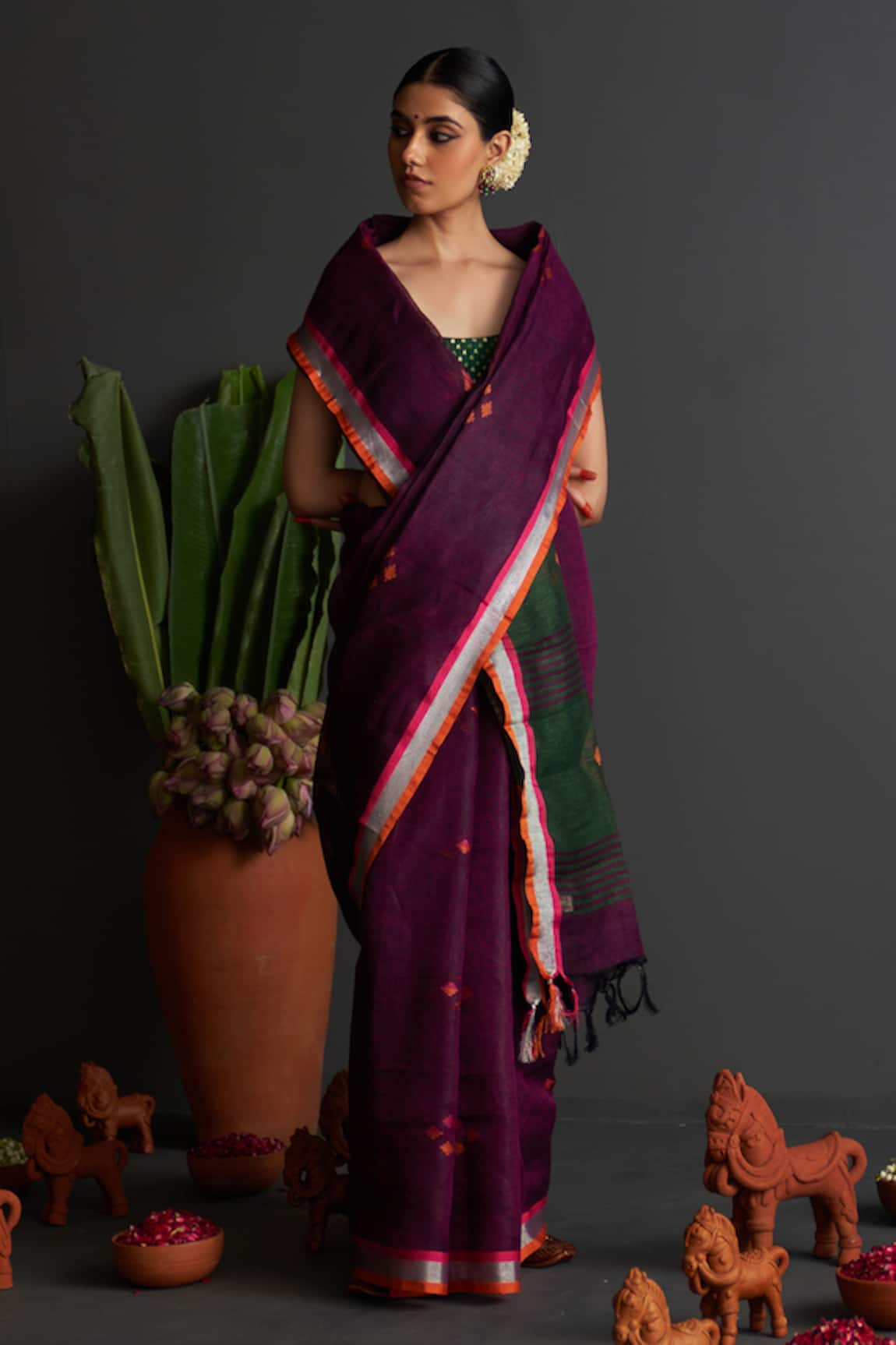 FIVE POINT FIVE Bulbul Motif Woven Linen Saree With Running Blouse