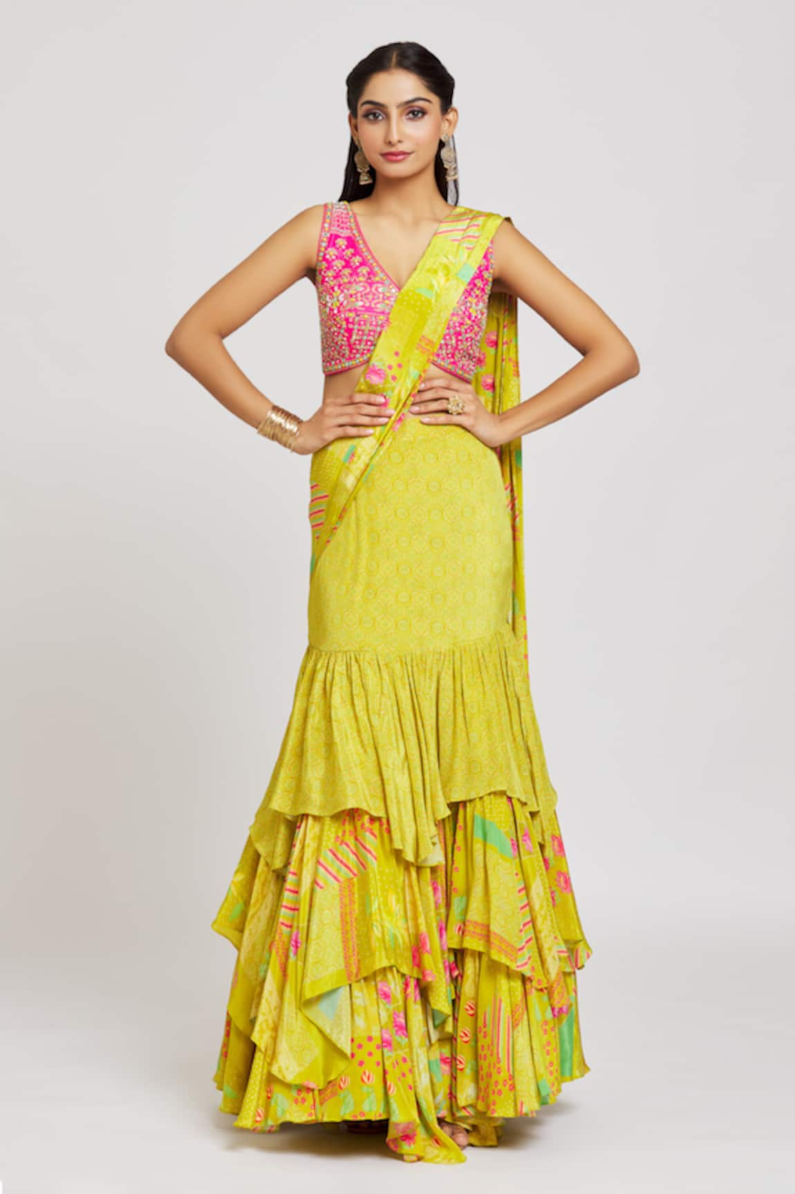 Jiya by Veer Design Studio Lotus Gardenia Print Sharara Pant Saree With Embroidered Blouse