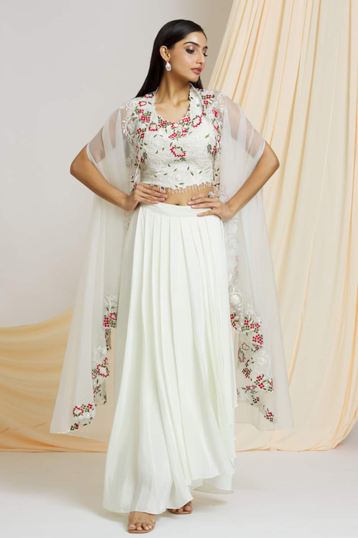 28 Threads Floral Embroidered Cape Skirt Set