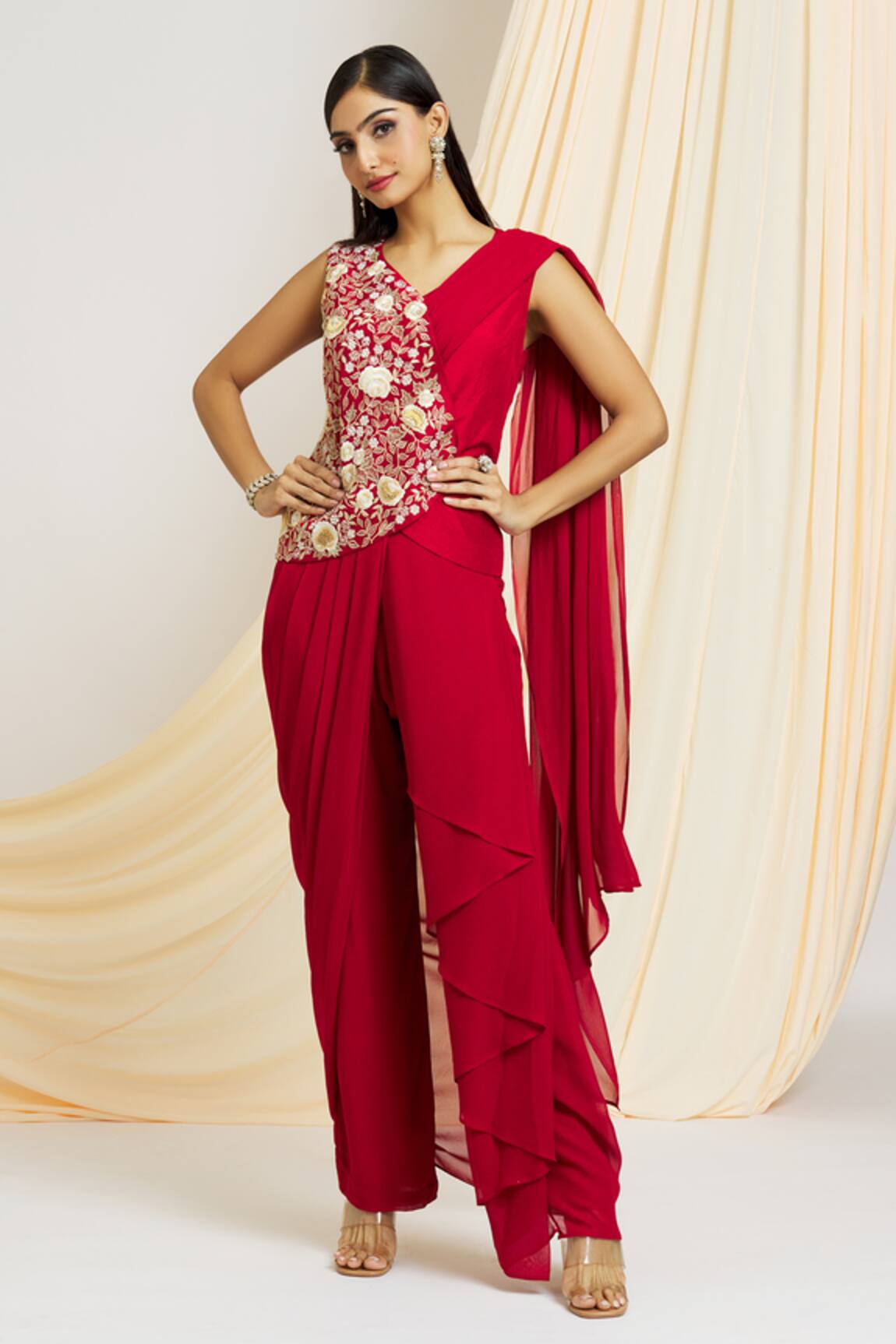 28 Threads Pre-Draped Pant Saree With Floral Embroidered Jacket