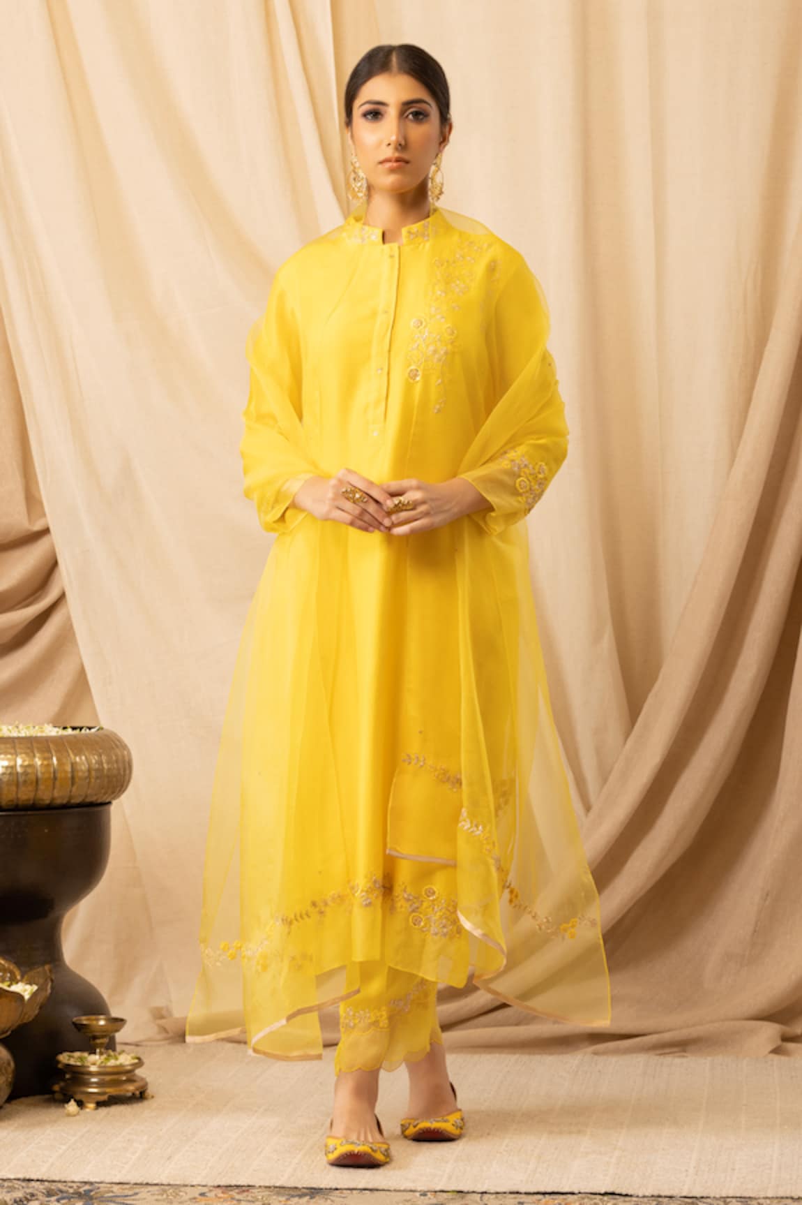 DEEPIKA CHOPRA Marigold Embroidered Straight-Cut Kurta Salwar Set