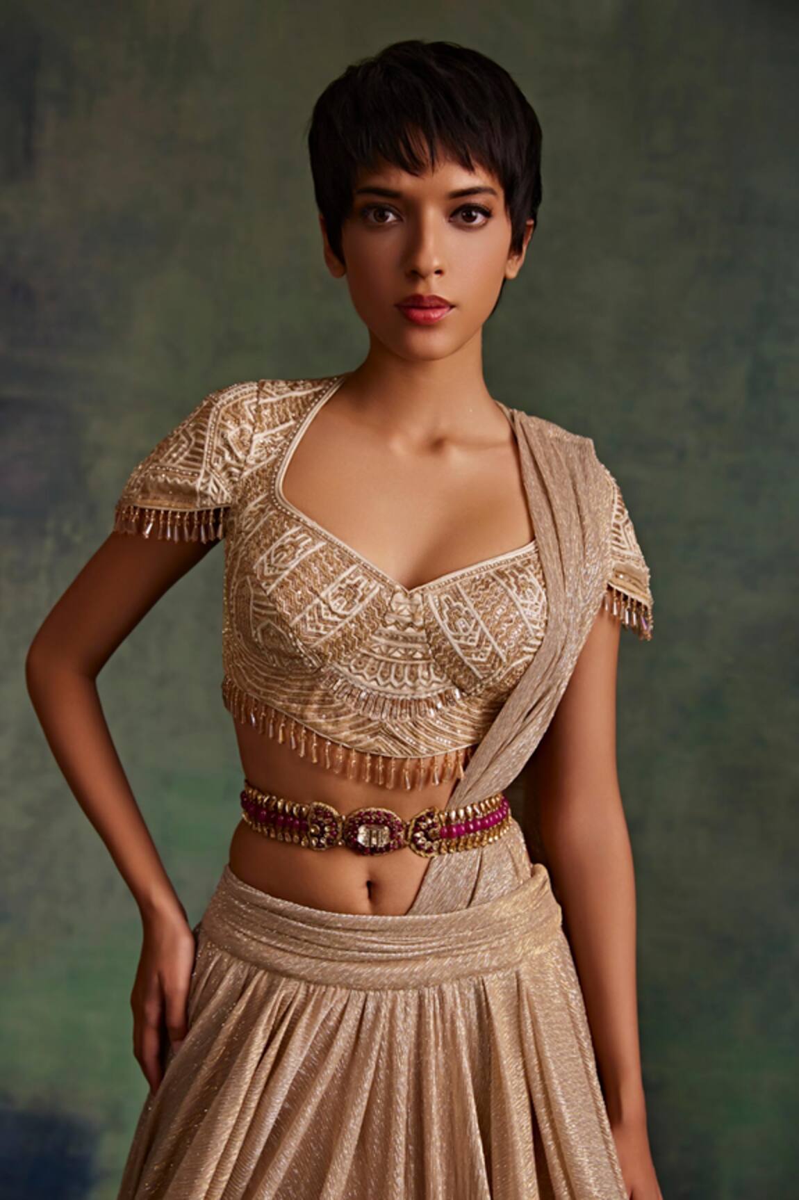 Tarun Tahiliani Handcrafted Brooch Embellished Belt 