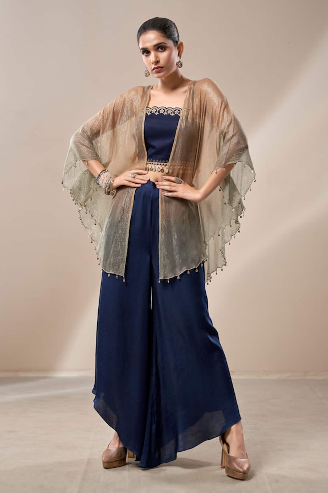 Aditi Somani Neckline Embroidered Top & Palazzo Set With Cape