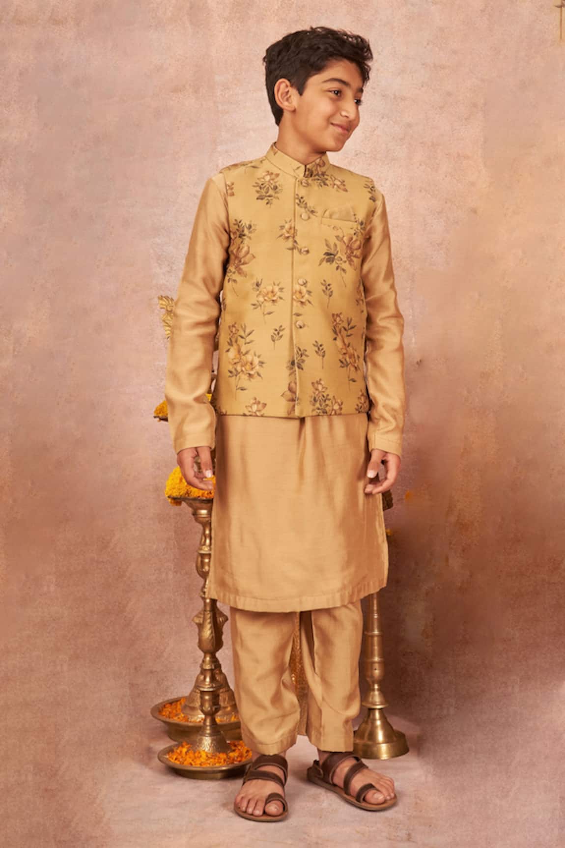 All Boy Couture Floral Print Bundi Jacket & Kurta Set