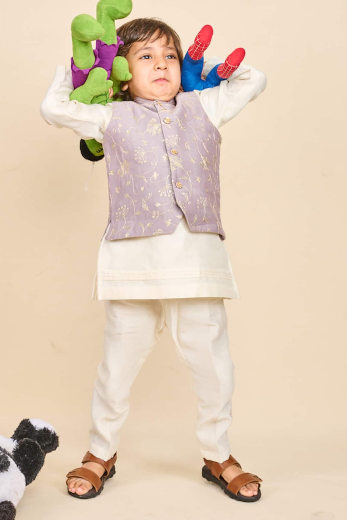 All Boy Couture Silk Floral Embroidered Bundi & Kurta Set