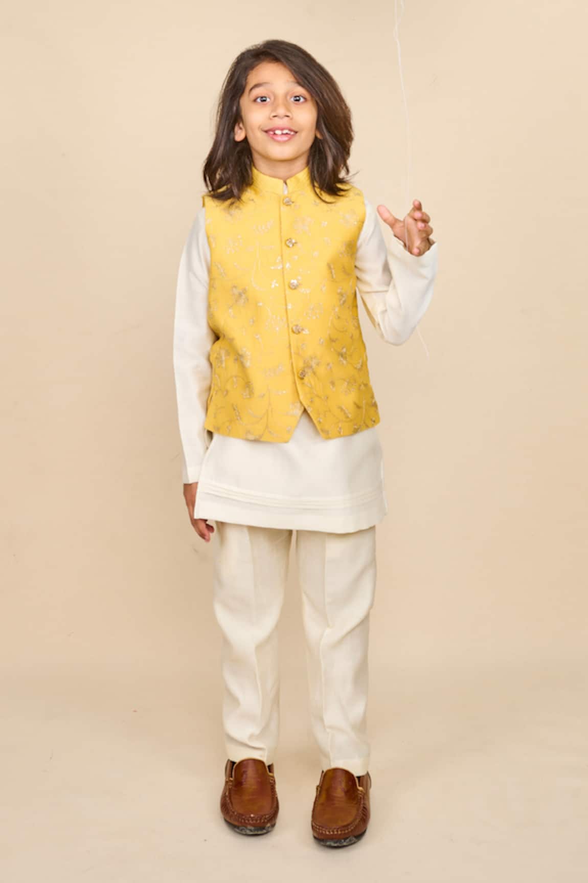 All Boy Couture Silk Zari Embroidered Bundi & Kurta Set