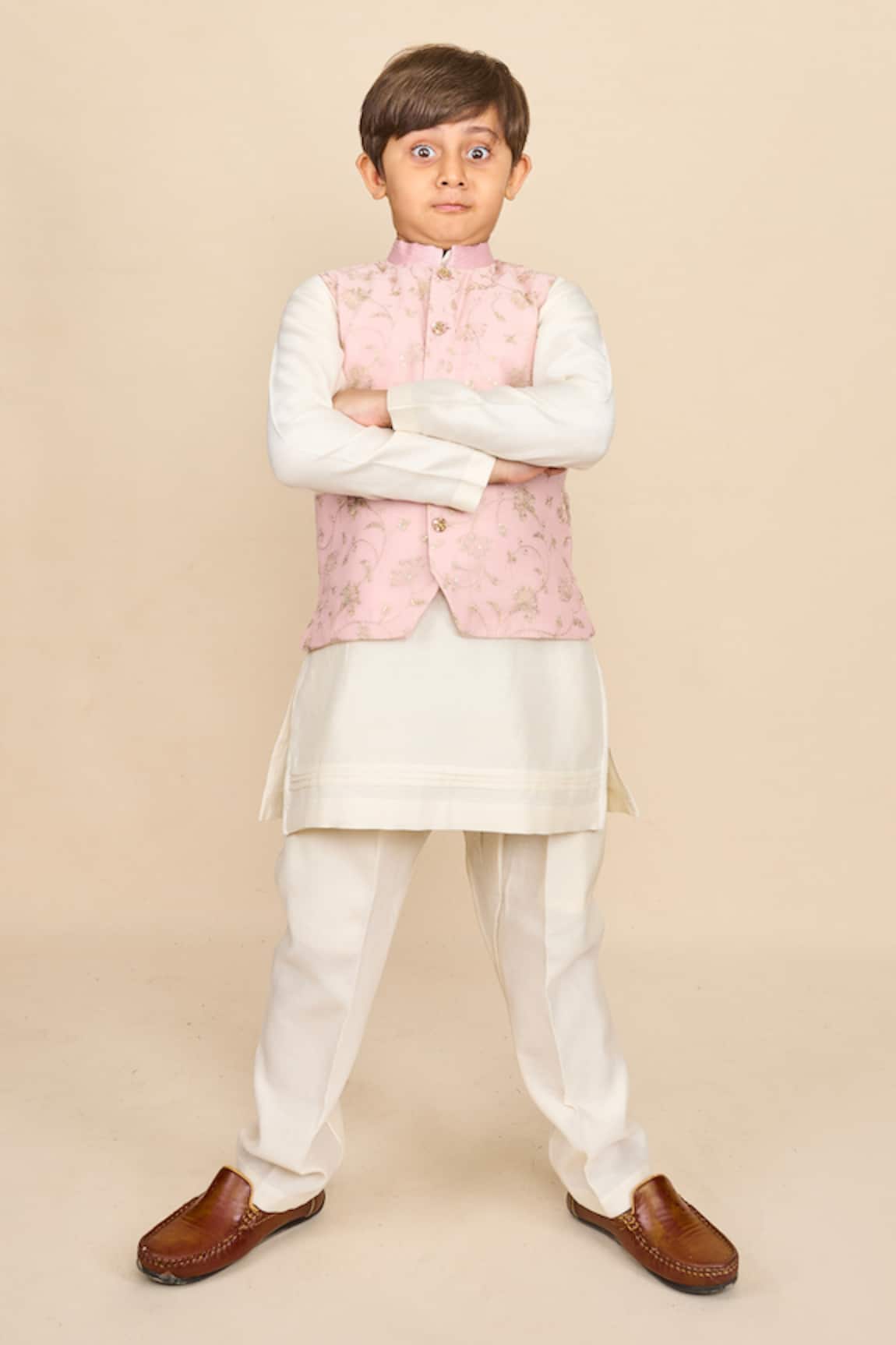 All Boy Couture Silk Zari Work Bundi & Kurta Set